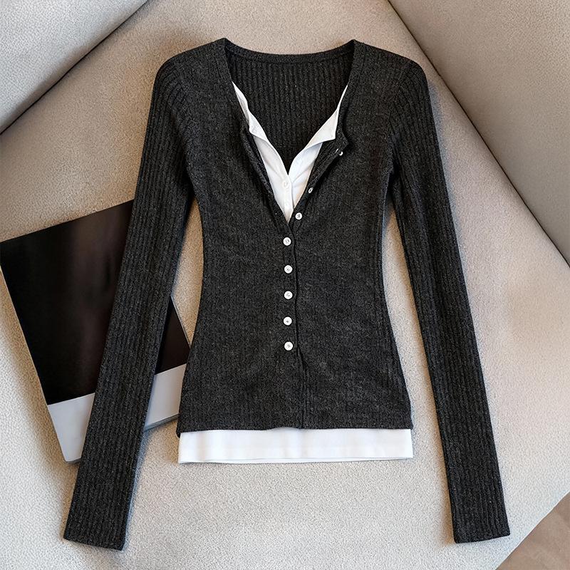 Women s Slim Fit Gray Faux Two-Piece Henley Long Sleeve Base Layer Top S серый
