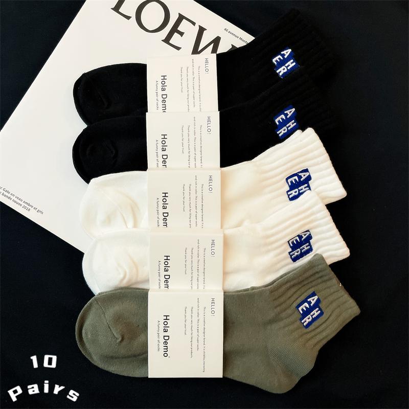 

10 пар носков, короткие носки унисекс, летние тонкие мужские носки до середины икры с вышивкой, хлопковые потовые дышащие модные спортивные носки One Size