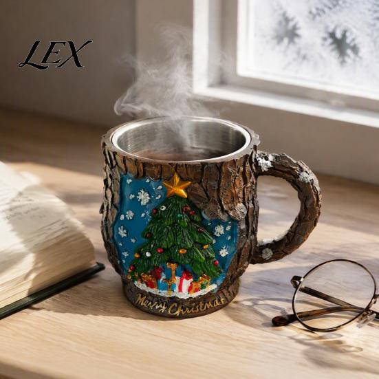 Christmas Mug Decorations Theme with Stainless Steel Liner, 3D Relief Hand Snowman Gift Mugs Painted Resin Coffee Cup, Decorative Drinkware