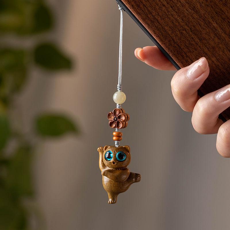 Sandalwood Cat Keychain with Handmade Lanyard and USB Drive