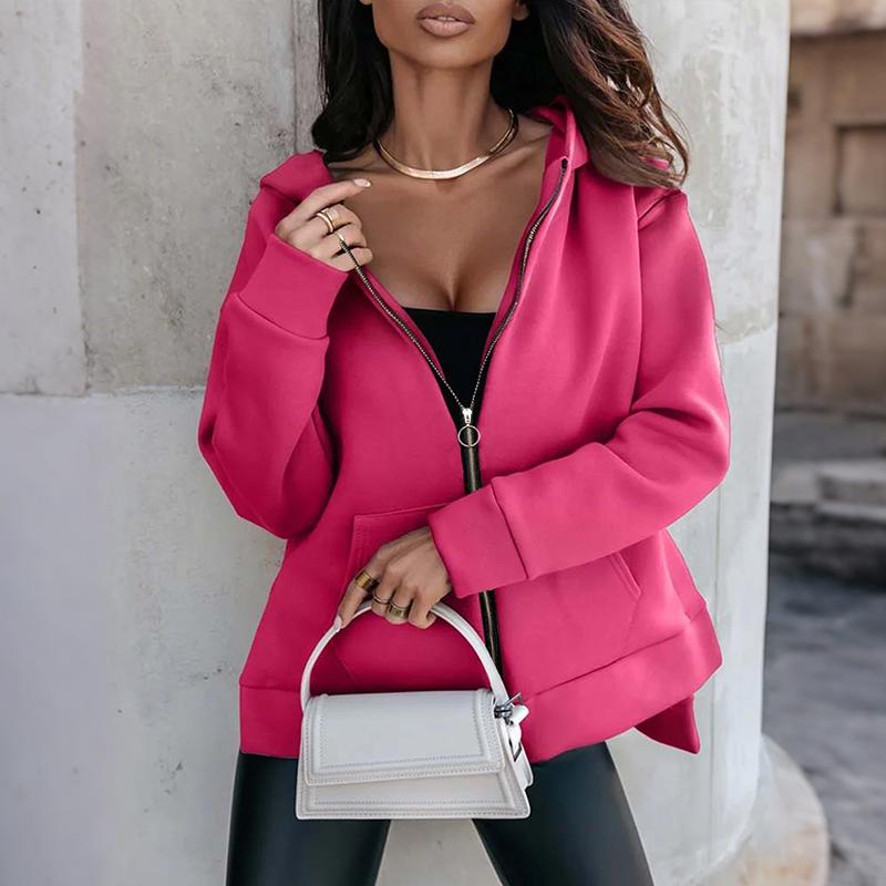 Ladies Spring Autumn Casual Long Sleeve Hooded Zipper Solid Color Cardigan Hoodies Sweatshirt Top