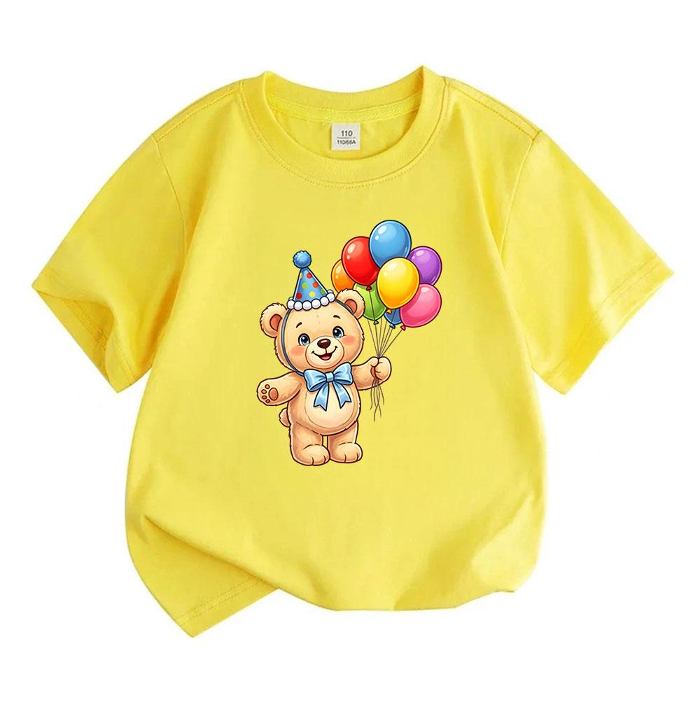 Kids Boys Girls 100% Cotton Crew Neck Short Sleeve T-Shirt Cute Birthday Teddy Bear With Colorful Party Balloons Print Casual Soft Tee Shirt For Daily