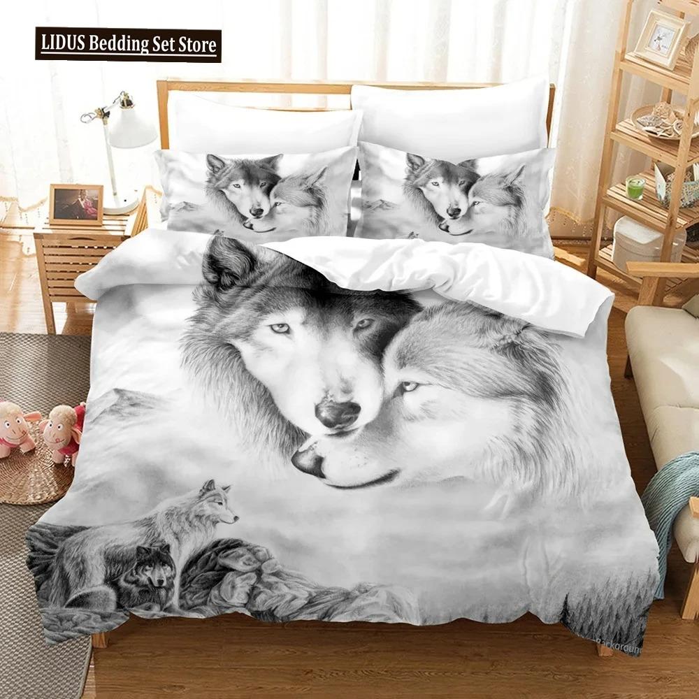 Boys Wolf Duvet Cover Set Queen Size, Boho Wolf Wildlife Animal Bedding Set Men Galaxy Dream Catcher Moon Polyester Quilt Cover