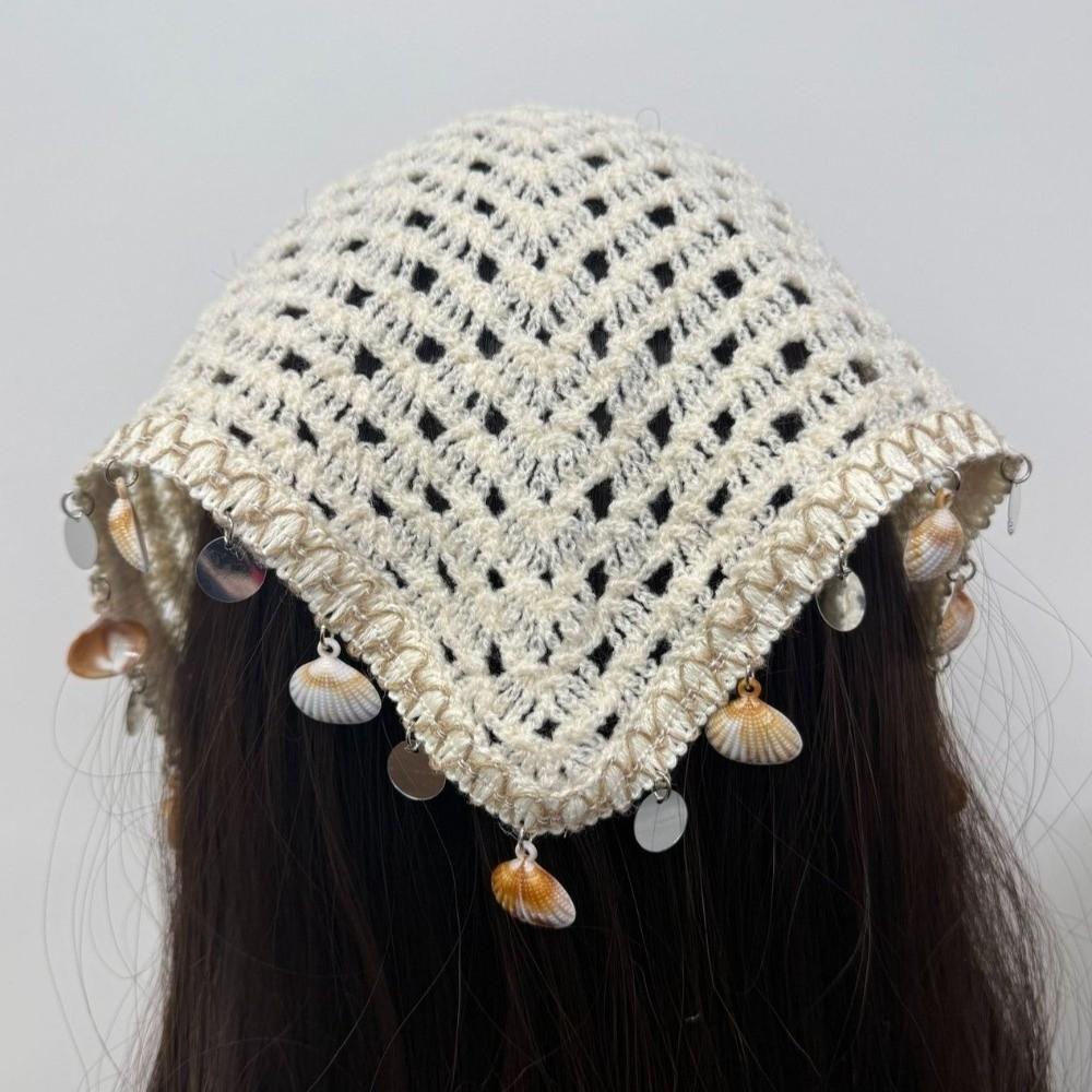 Forest Style Crochet Head Wrap Seashell Tassel Hollow Out Headscarf Vacation Wear