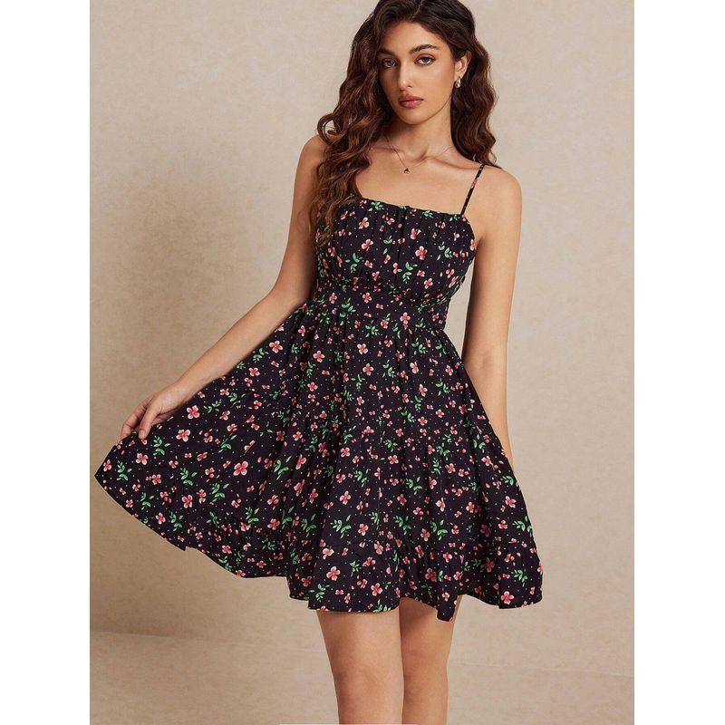 

European American Summer New Fashion off-Neck Open Back Floral Strap Silm Small Ruffles Dress Dress 1 black powder flower L