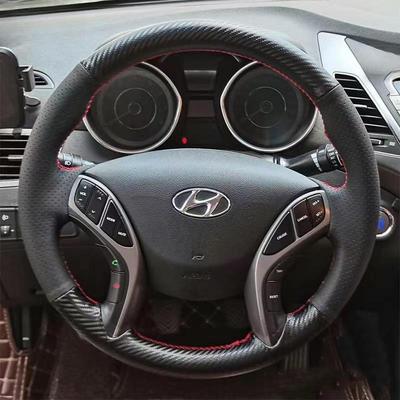Coprivolante in Pelle Nera Antiscivolo Cucito a Mano con Fibra di Carbonio per Hyundai Elantra Avante i30 2012-2016