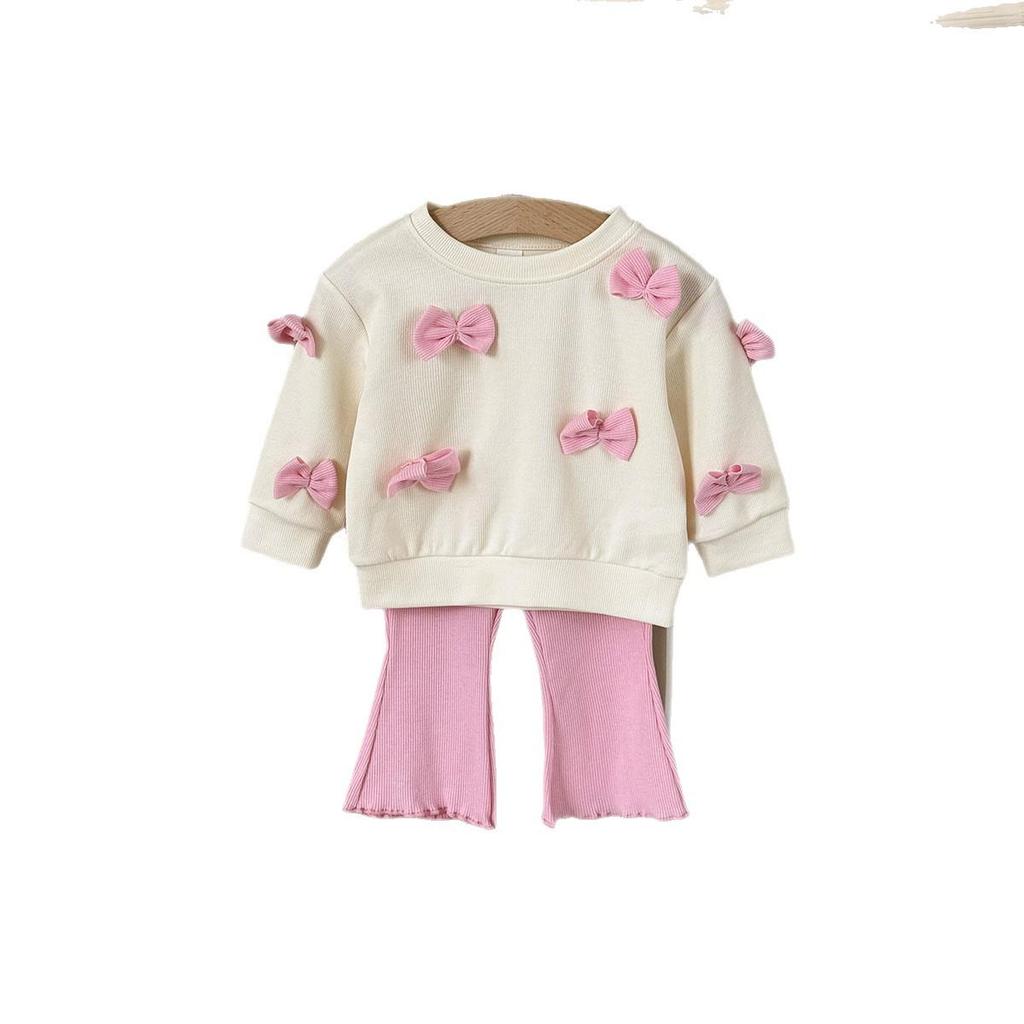 Conjunto Infantil de Duas Peças Top de Laço 3D e Calças Flare Estilo Coreano