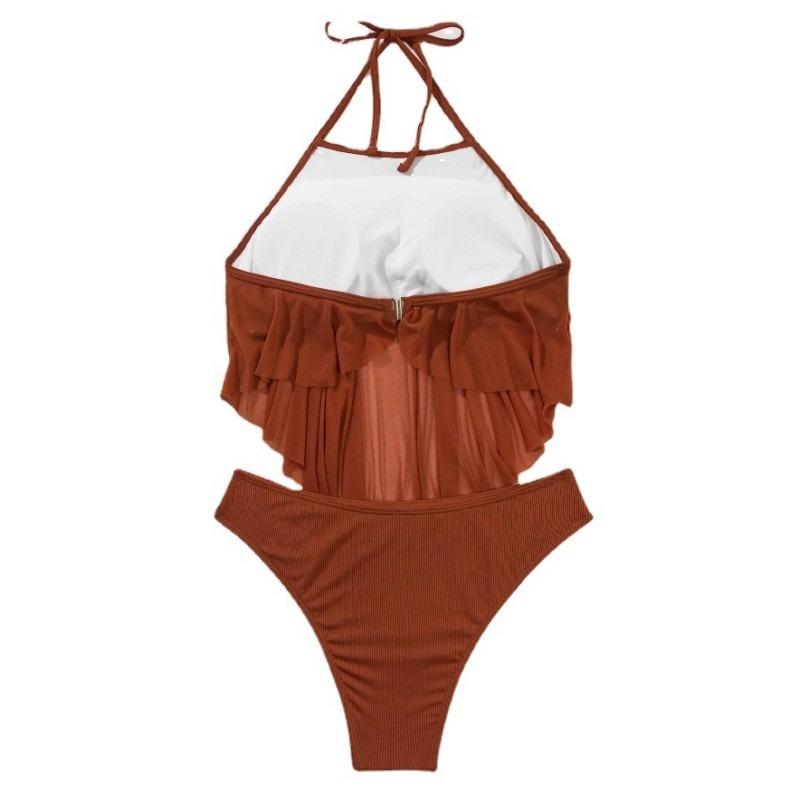 Damen Brauner Gerippter Neckholder Badeanzug mit Durchsichtigem Netz-Überzug