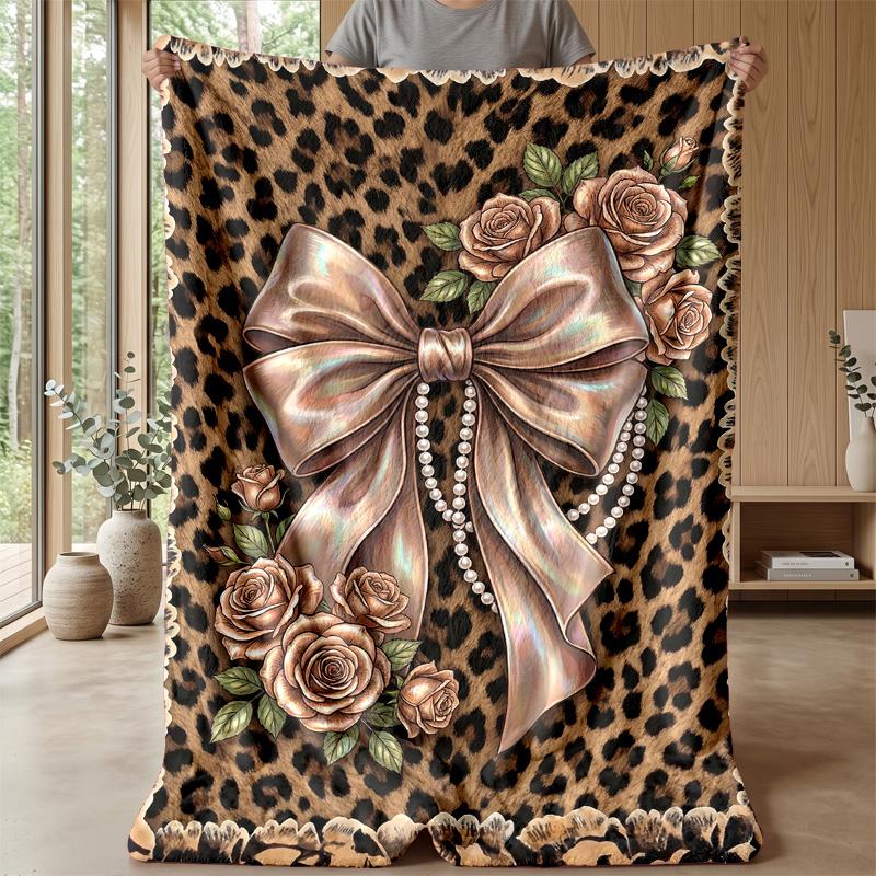Leopard Print Bow Decor 1 Theme Blanket Lightweight Warm Flannel Blanket Decorative Throw Blanket for Home Decoration