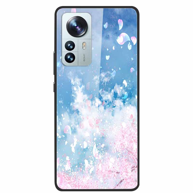 Luxus Hülle für Xiaomi 12T Pro Blumen Gehärtetes Glas Hülle für Xiaomi 12T TPU Stoßfänger Xiaomi 12 T Harte Schwarze Hülle Bunte Capa