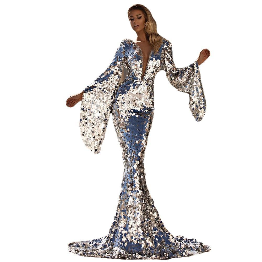 Xqwewanticeaa Women's Silver New European And American Dress Sexy Sequin Banquet Dress Hip Evening Dress Cm