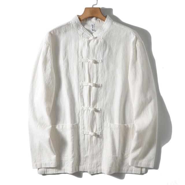 

Мужская повседневная однотонная рубашка в китайском стиле высокого класса из камвольного материала рами с воротником-стойкой и пуговицами, рубашка с длинным рукавом XXXXXL белый