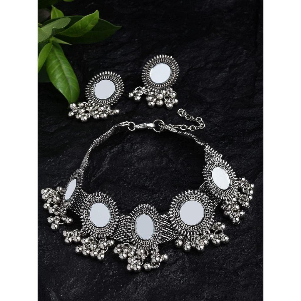 Shining Diva Fashion Latest Stylish Fancy Oxidised Silver Tribal Choker Necklace Jewellery Set for Women