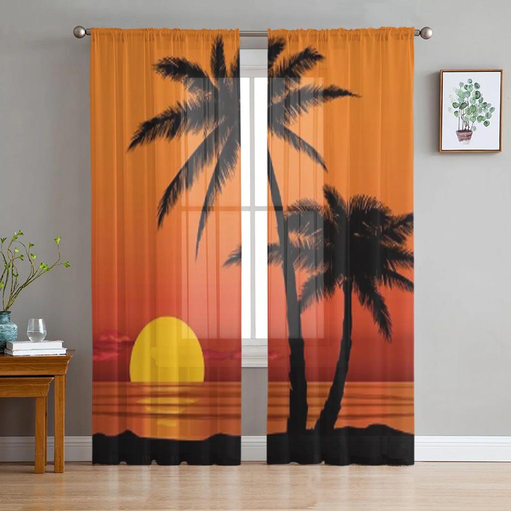 Beach Starfish Shells Leaves Palm Curtains Living Room Bedroom Decor Chiffon Tulle Voile Kitchen Window Curtain Sheer Made Of Polyester Treatment
