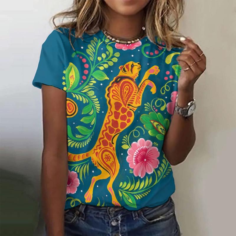 Summer Round Neck 3D Animal Flower Pattern Print Top Fashionable Casual Short Sleeved Women's T-shirts