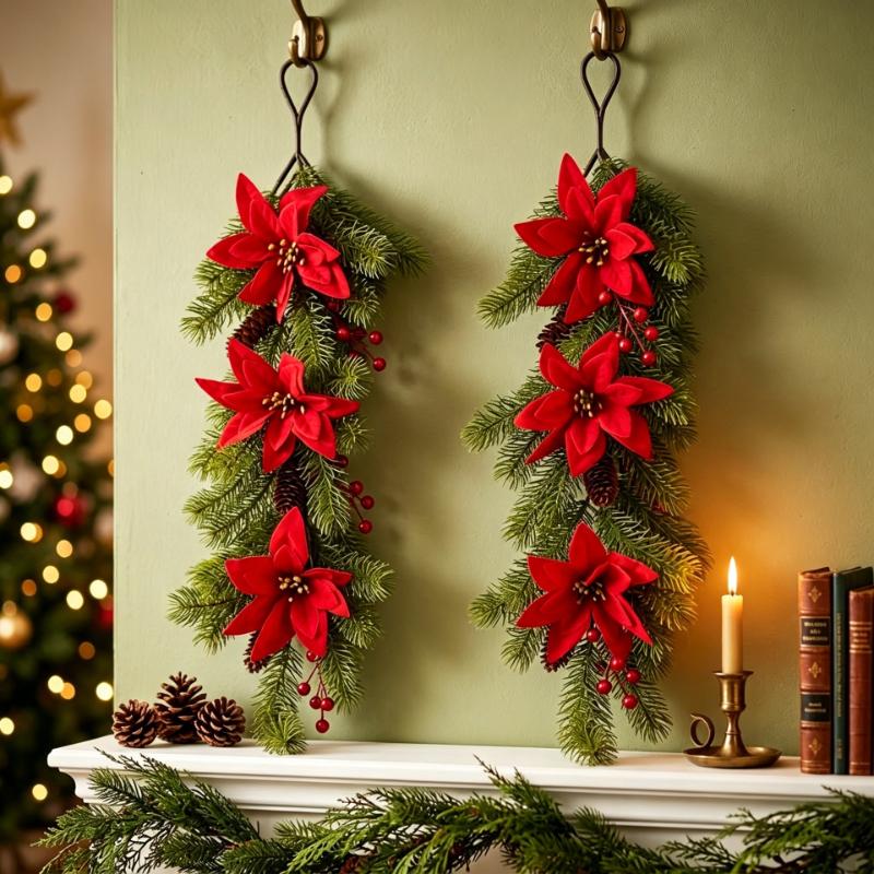2PCS 60cm Artificial Christmas Hanging Vine Garland Poinsettia Pine Cone Red Berry Teardrop Rattan DIY Xmas Door Wall Decor