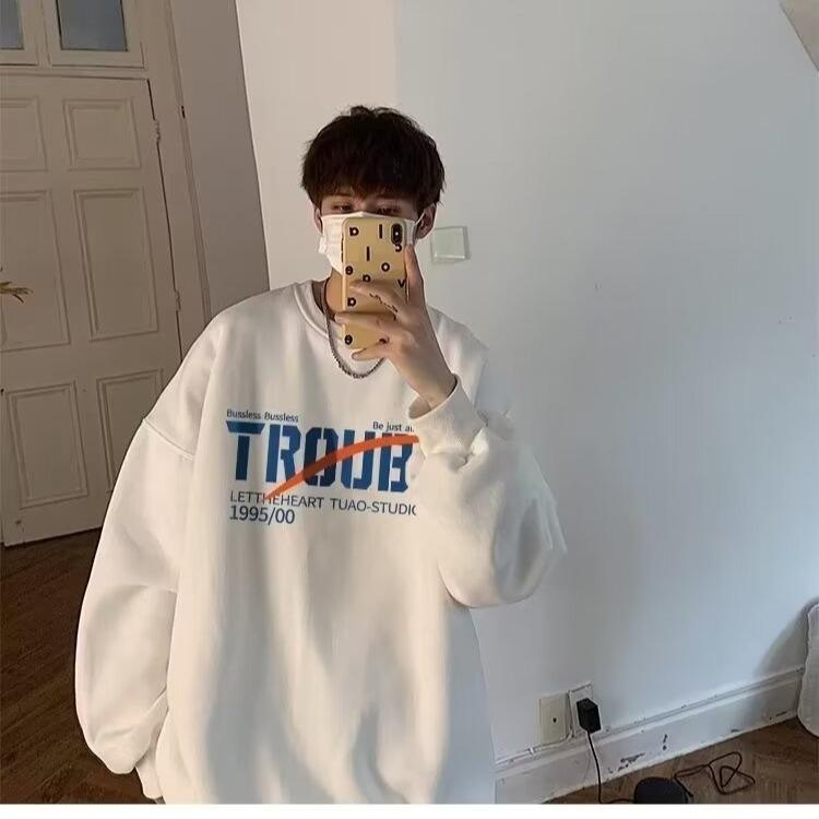 Men's Printed Hoodie Round Neck Hooded Sweatshirt Trendy Brand Casual Hoodies Loose Long Sleeved Pullover Base Shirt