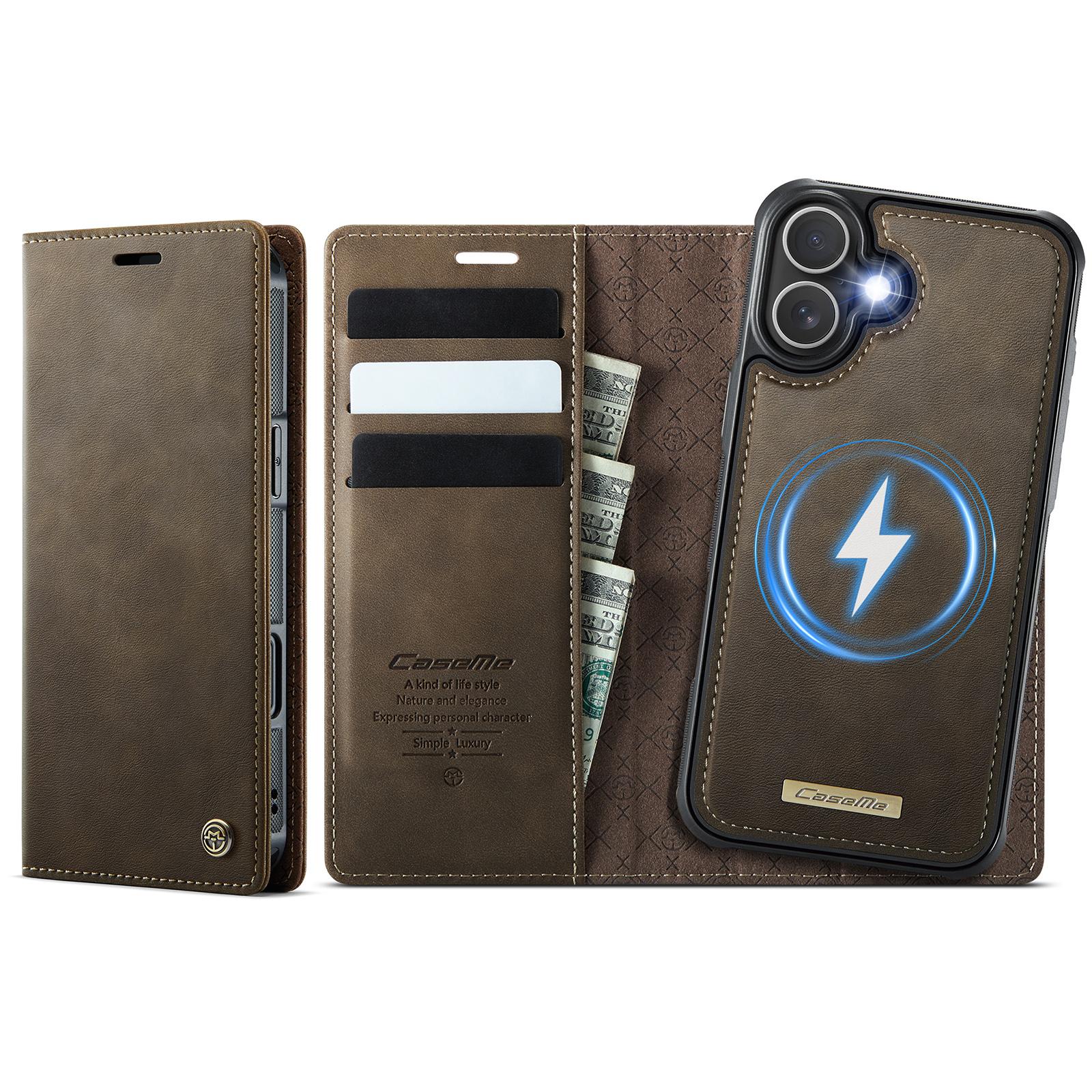 

For iPhone 16 Case CASEME C49 Compatible with MagSafe RFID Blocking Detachable Wallet Leather Phone Cover Coffee