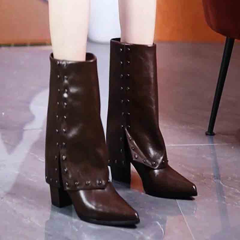 Botas de Salto Alto Sexy Femininas Sapatos Elegantes de Bico Fino Meio da Panturrilha Botas de Moda em Couro Scarpins Nova Tendência de Vestido Mujer Botas