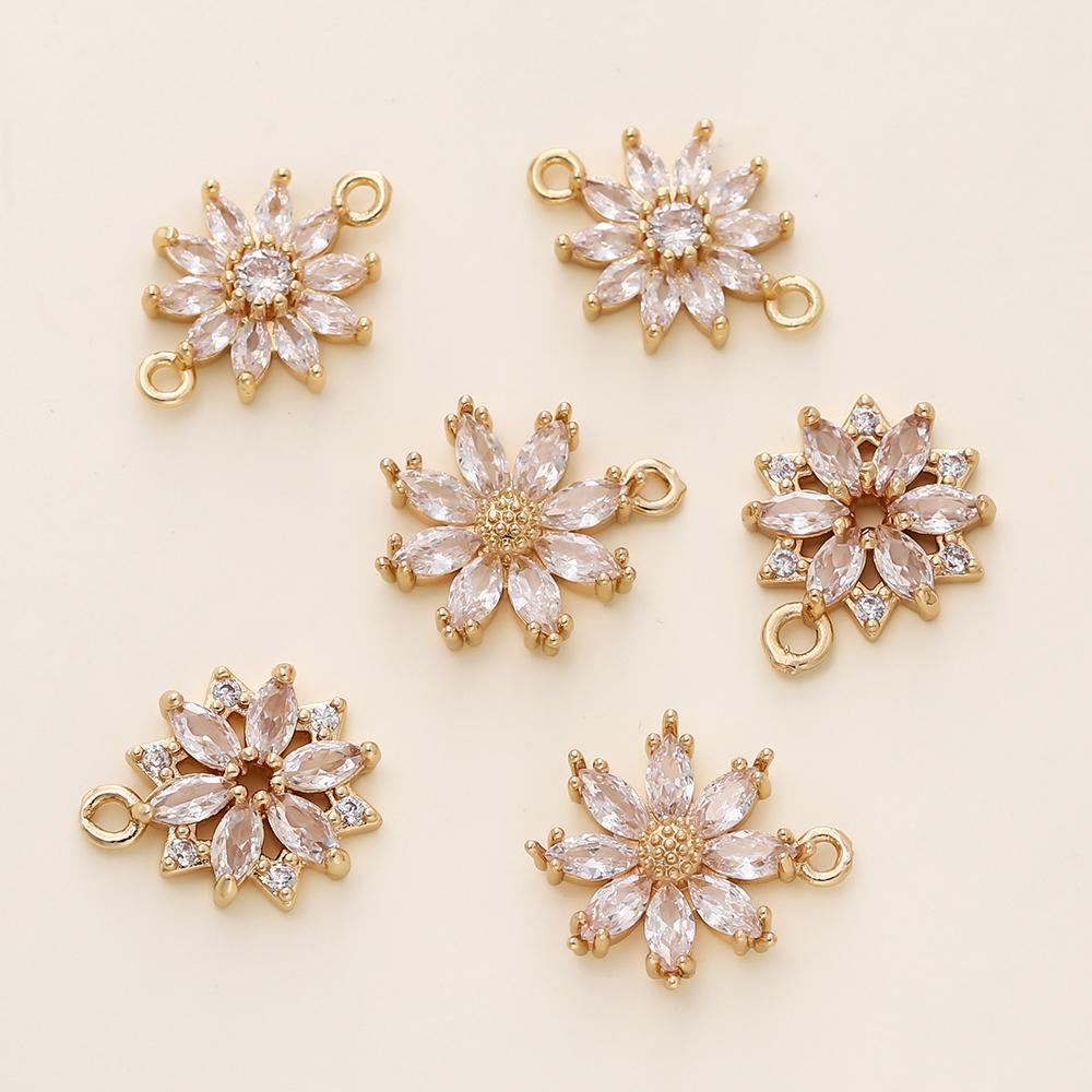 4/6Pcs 18K Gold Color Plated Brass Zircon Flower Shape Pendants for DIY Women Jewelry Making Necklace Earrings Accessories