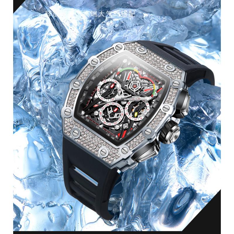 ONOLA Tonneau Shape Quartz Watches Men Luxury Diamond Inlay Rose Gold Watch Fashion Business Waterproof Multifunctional Wristwatch