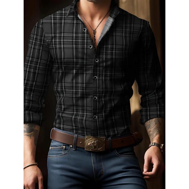 Men Long Sleeve Plaid Button Down Shirt Beige with Red and Blue Checks Casual Business Top