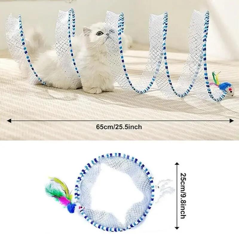 Folding Cat Tunnel S Shape Spring Type Cat Tunnel Toy With Plush Mouse And Feathers Spiral Tunnel Interactive Cat Toy