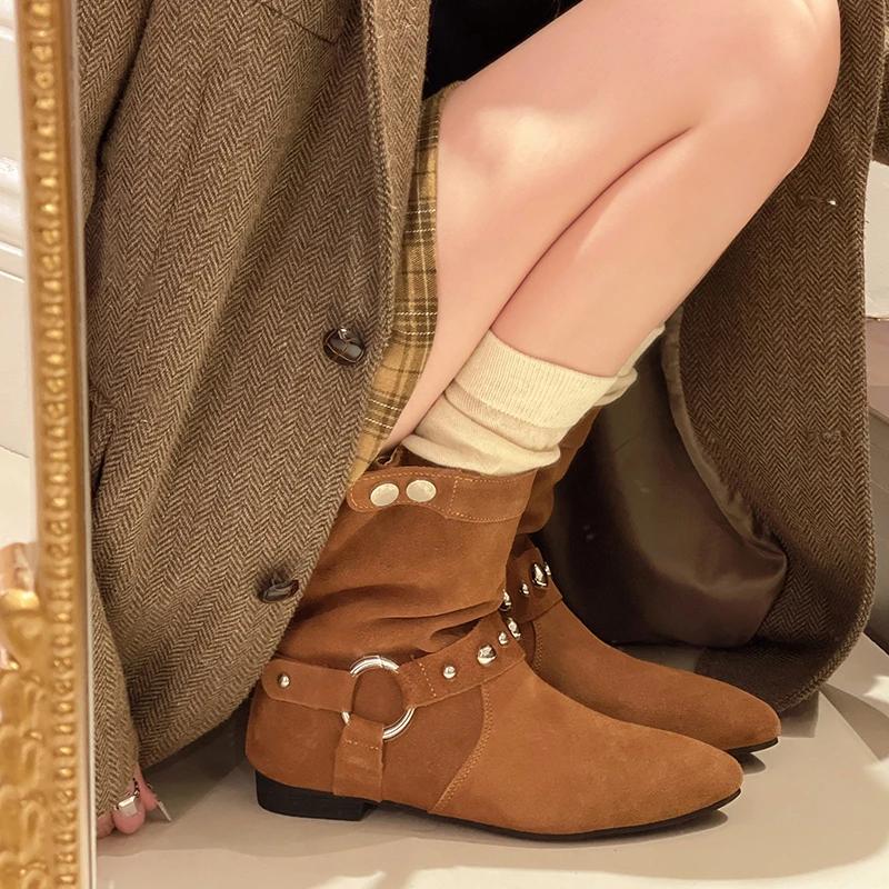 High Quality Ladies Shoes Slip-on Women's Boots Fashion Rivet Modern Boots Women Sexy Pointed Toe Solid Ankle Boots Zapatos