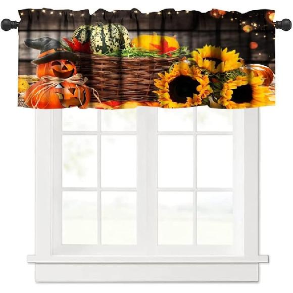 Farm Fall Window Valance, Thanksgiving Pumpkins Autumn Leaves Vine Windows Curtain Valance for Kitchen Dining Room Canteens Home Decor, One Panel
