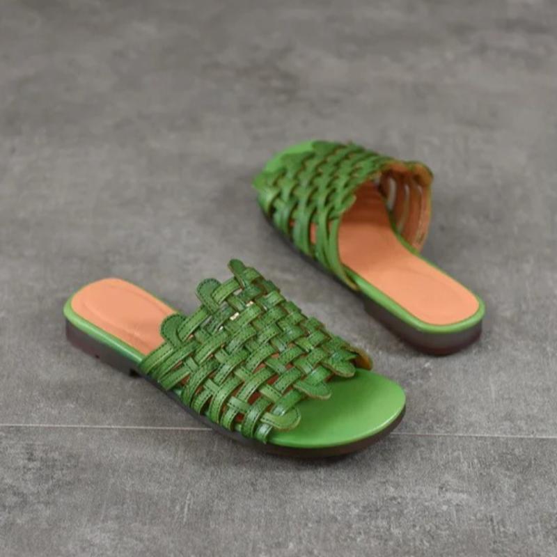Johnature Chaussons Plats d'Extérieur en Cuir Véritable Tissés à la Main Chaussures Slip-on Décontractées Polyvalentes pour Femmes