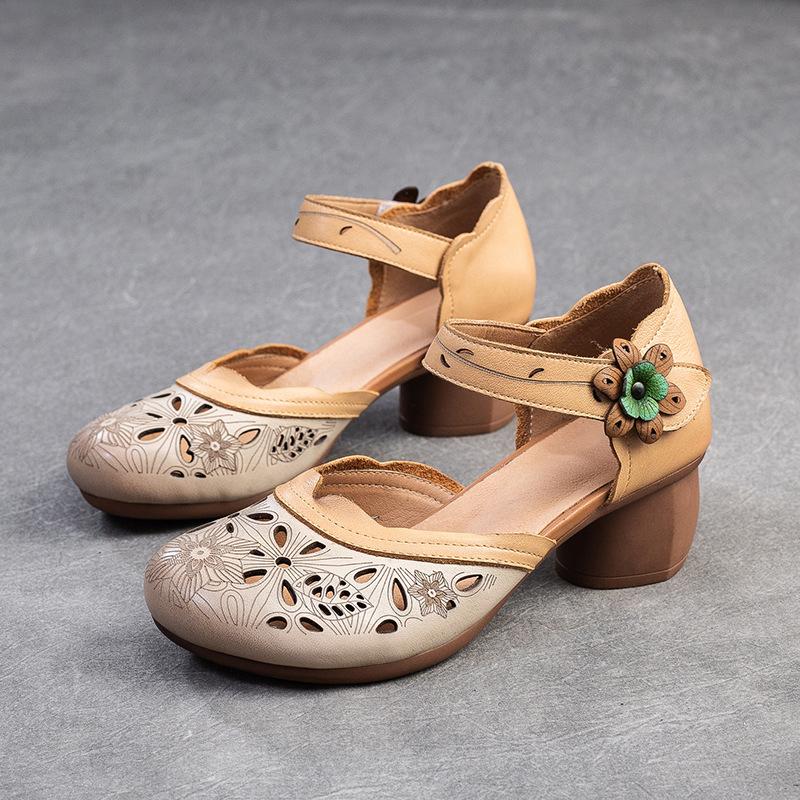 

Fashion GKTINOO 2025 New Women Sandals Summer Genuine Leather Thick Heels Sandals Retro Style Round Toe Casual High Heel Mom Shoes 5