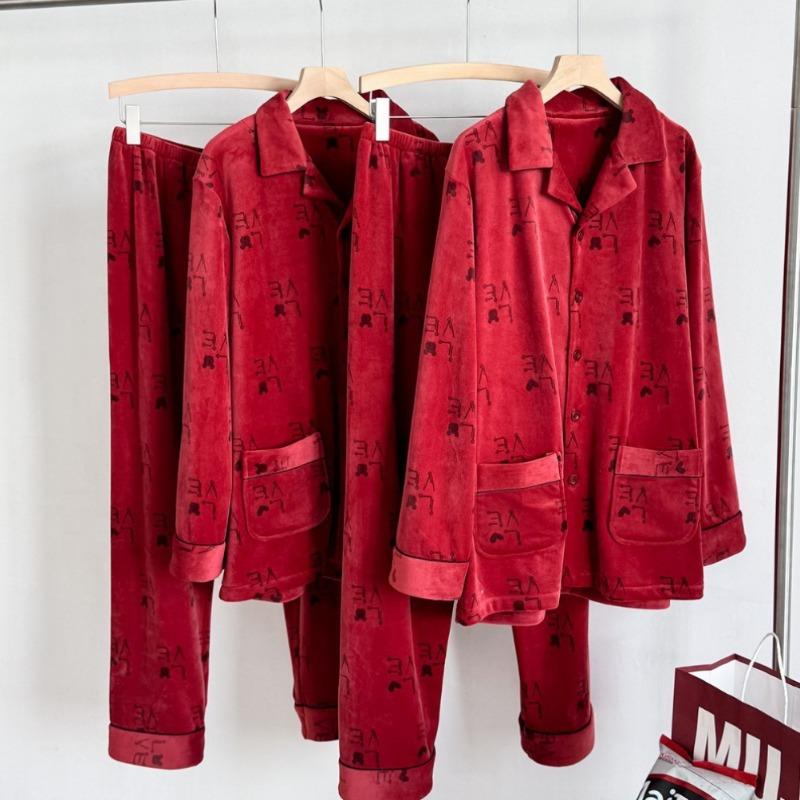 11 Couples wedding pajamas autumn Australian velvet long-sleeved natal burgundy loungewear autumn men's and women's pajamas