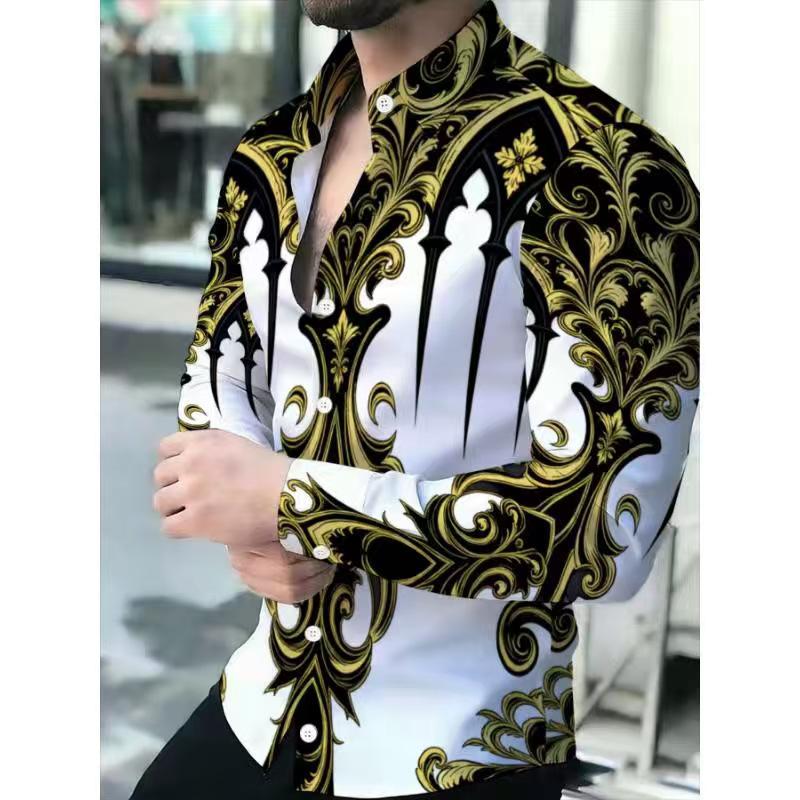 Men's Printed Long Sleeve Button Down Shirts Turn Collar Nightclub Casual Camisas Hombre Plus Size Streetwear Fashion Top