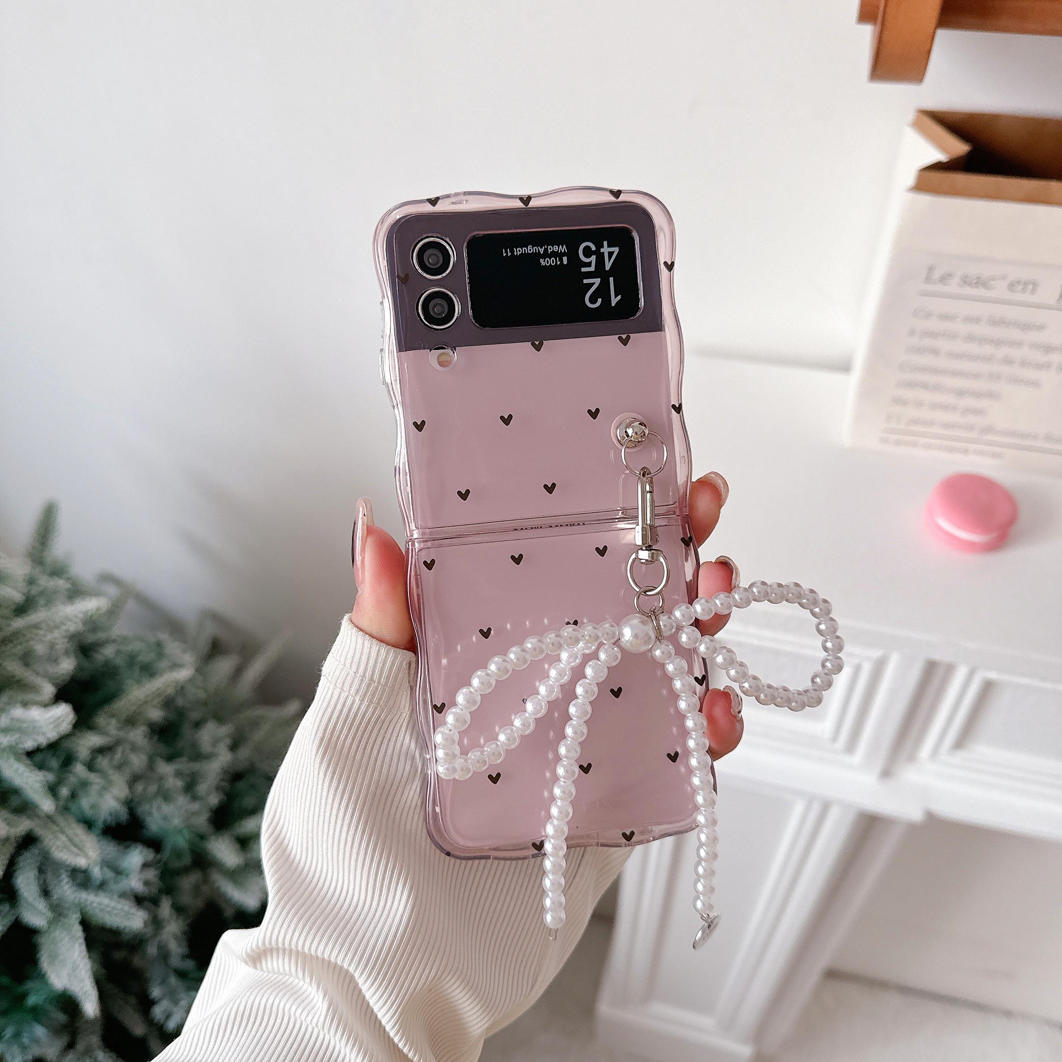 

For Samsung Galaxy Z Flip4 5G TPU Case Pattern Phone Cover with Pearls Bowknot Pendant Heart