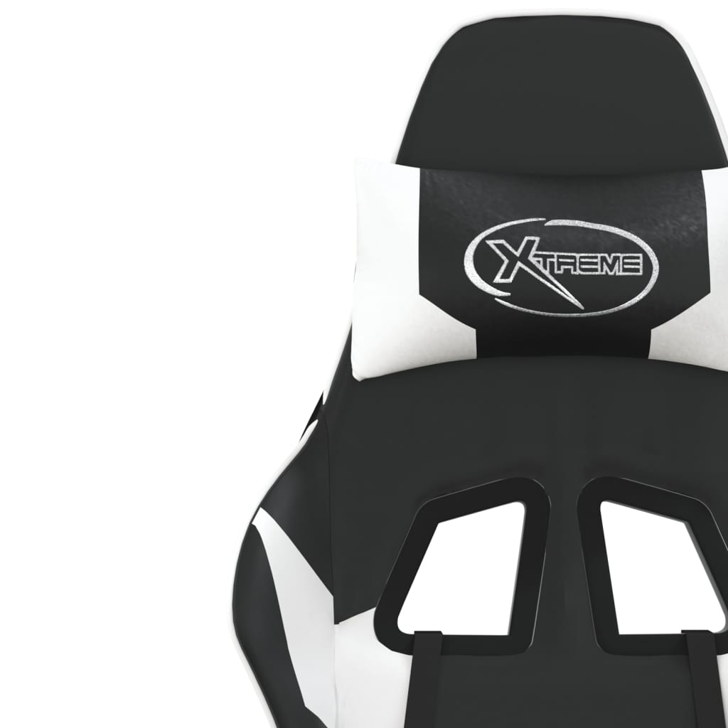 Gaming Chair with Massage Function & Footrest Black & White PU Leather