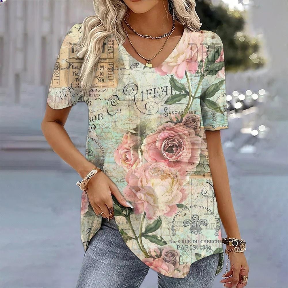 

Printed women s T-shirt summer V-neck pullover XL