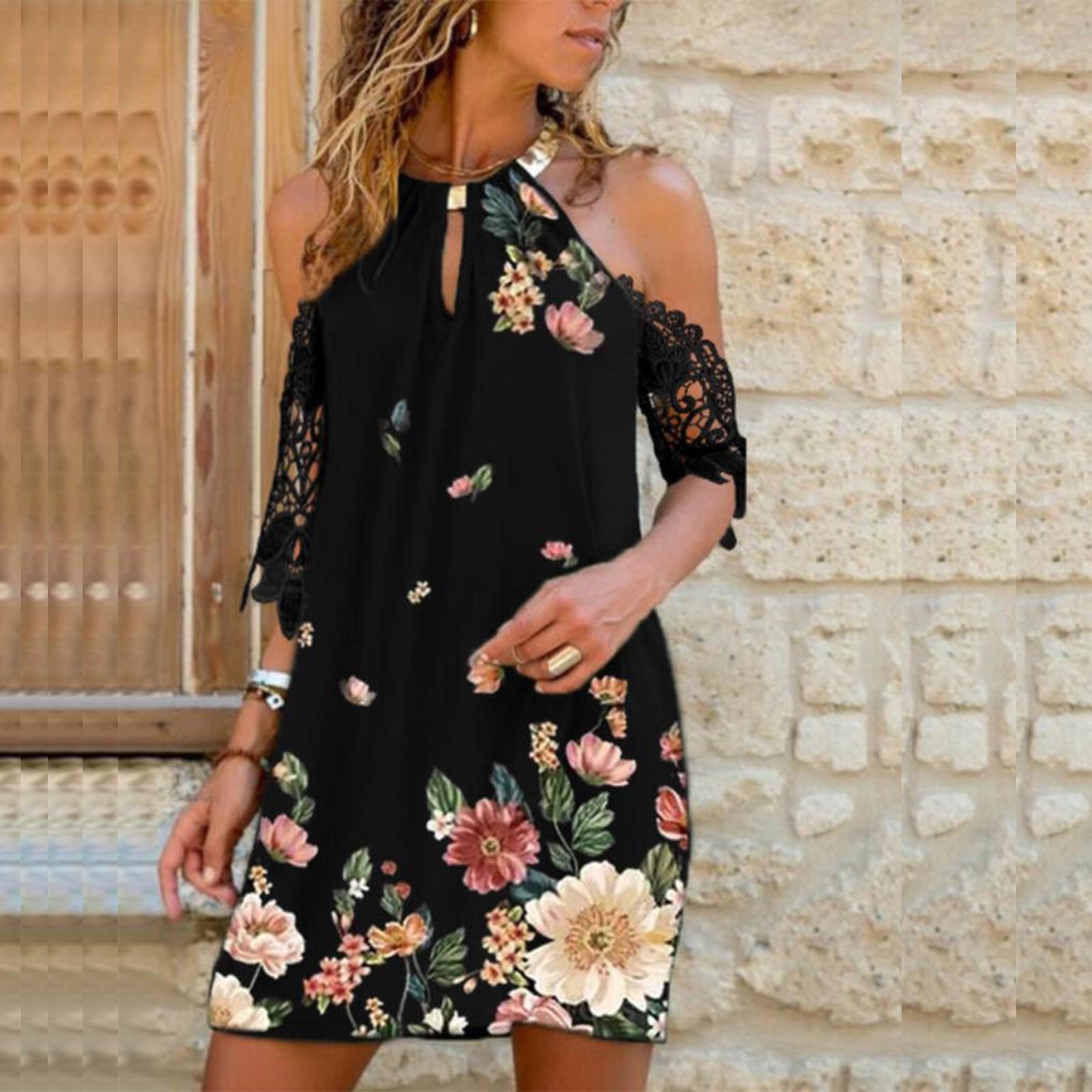 Women s Summer Fashion Casual Hanging Neck Print Lace Short-Sleeved Dress L