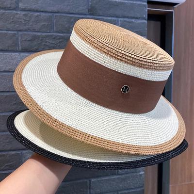 Niche Chic Flat Top Straw Hat Women's Summer Versatile Big Brim Sun Hat British Retro M Standard Top Hat
