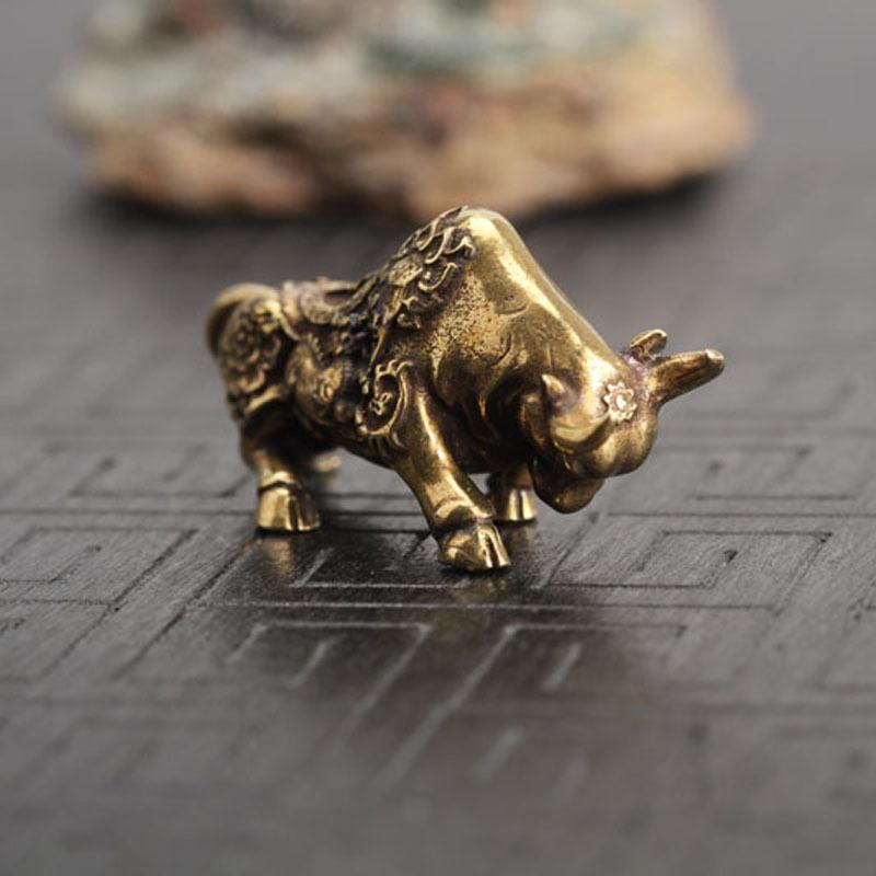 Brass Bullfighting Statue, Lucky Copper Animal Figurine, Wealth Bringing Miniature Ornament for Home & Office Desk Decor