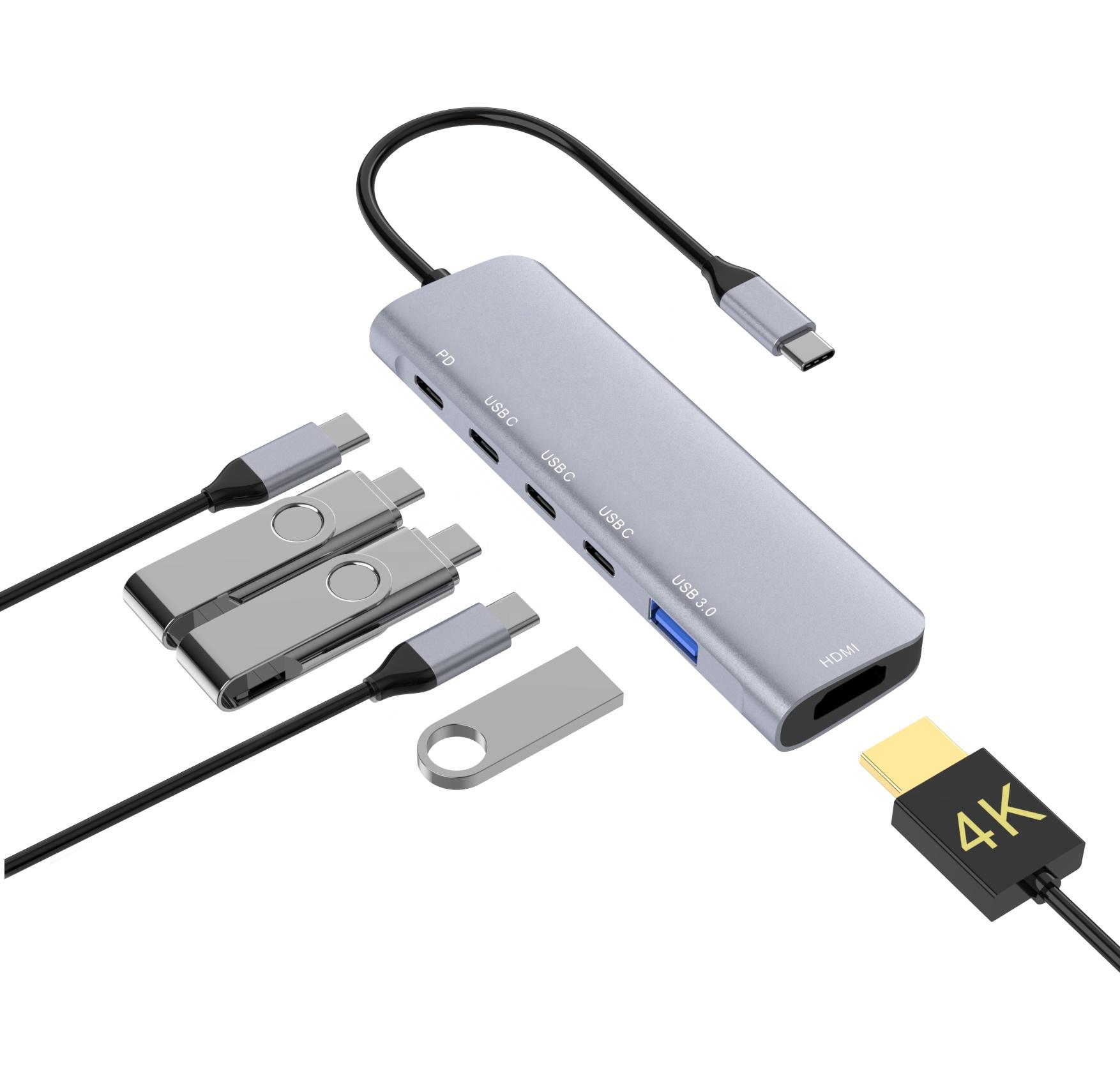 

6 in 1 USB C To 4K HDMI Hub with 3 USB C Ports and USB-C PD Charge and Data Port for MacBook Pro/Air, Samsung Mobile and More сірий колір