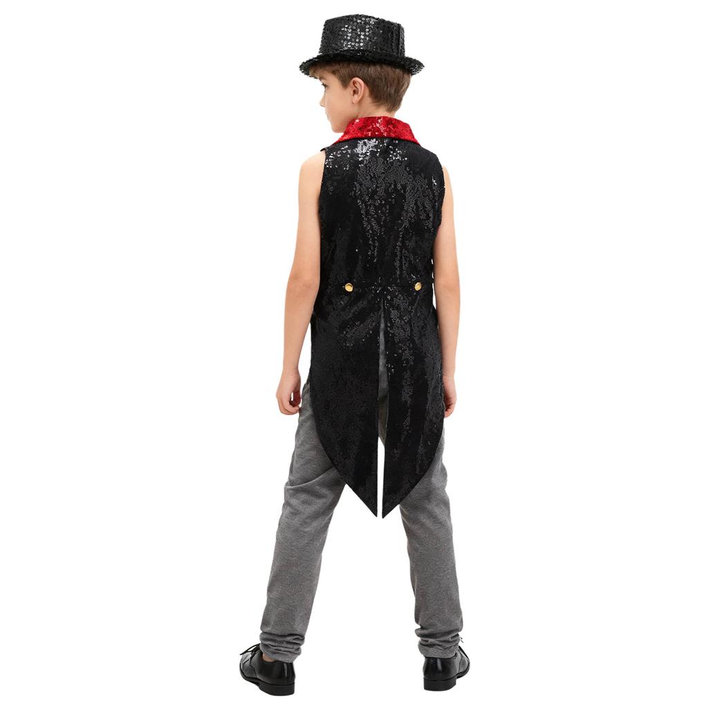 Kids Sequins Medieval Vest Victorian Tailcoat Lapel V Neck Front Zip Vest Solid Sequins Fedora Hat Circus Outfit