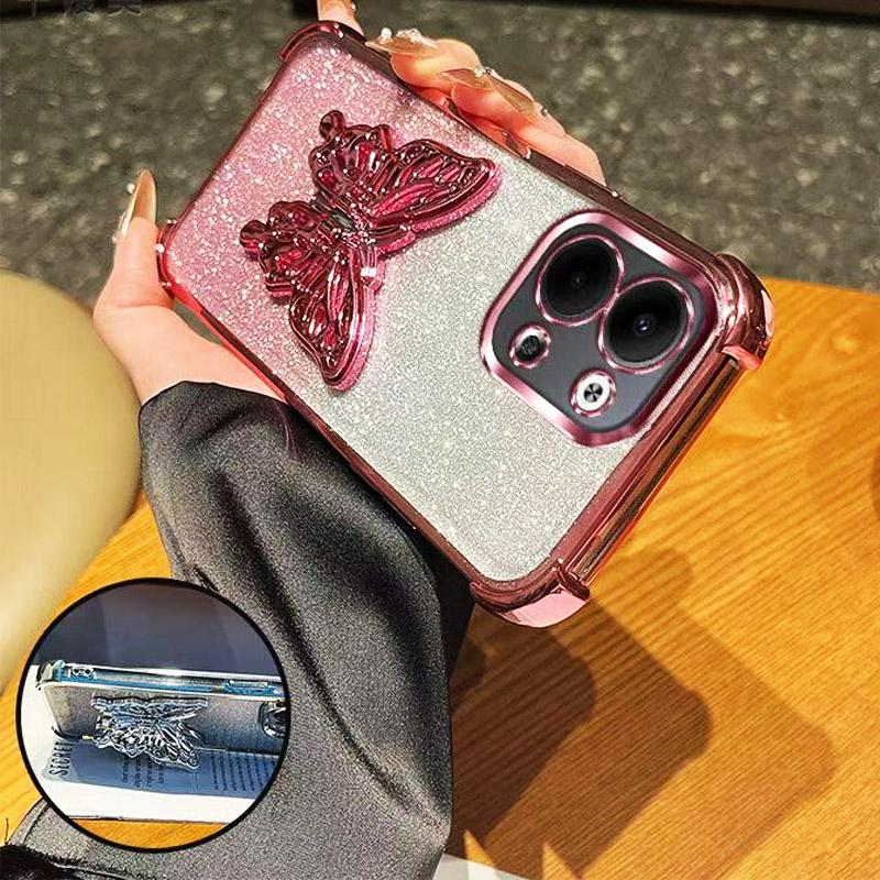 Glitter Plating Butterfly Bracket Holder Phone Case For Funda Xiaomi Redmi Note 15 Pro Plus Redmi 15C 4G 5G POCO C85 Stand Cover