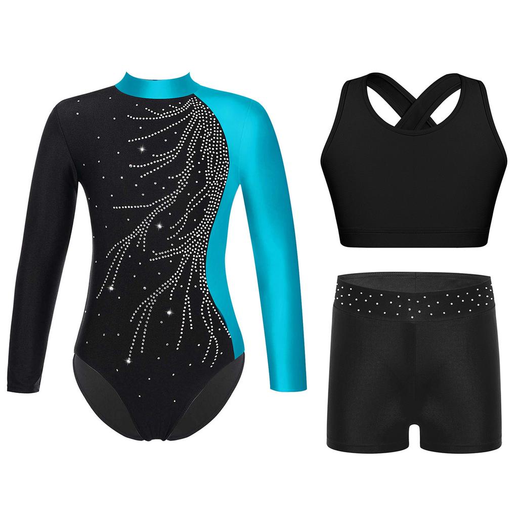 Ensemble de Gymnastique 3 Pièces pour Filles Justaucorps à Dos Goutte d'Eau avec Gilet Croisé & Short à Strass Col Montant Manches Longues