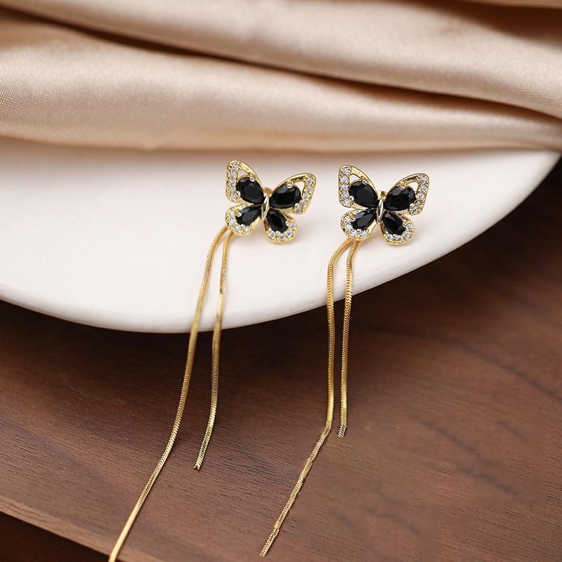 Black Butterfly Tassel Earrings for Women Convertible Chain Female Dangle Earring