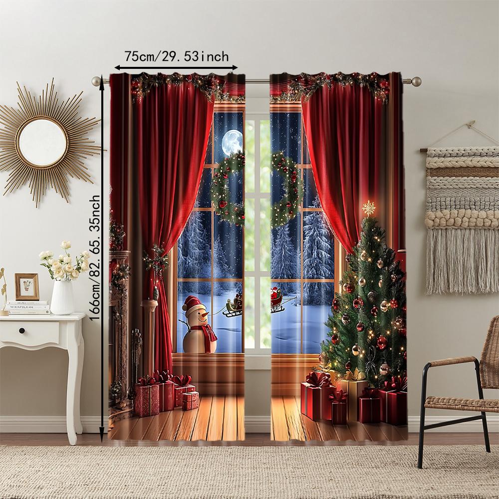 2Pcs Christmas Tree Design Window Curtains Polyester Material Drapes For Bedroom Living Room Office Rod Pocket Machine Washable