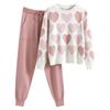 Set 2 Pezzi/Set Donna Top Pantaloni Set Stampa Cuore Decorazione Perline Girocollo Maniche Lunghe Felpa Vita Elastica Pantaloni alla Caviglia con Elastico Outfit Sportivo Autunno