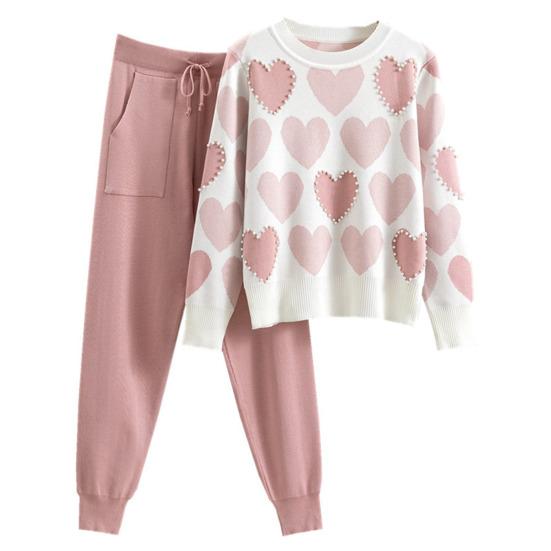 Set 2 Pezzi/Set Donna Top Pantaloni Set Stampa Cuore Decorazione Perline Girocollo Maniche Lunghe Felpa Vita Elastica Pantaloni alla Caviglia con Elastico Outfit Sportivo Autunno