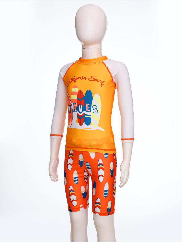Jungen Zweiteiliges Schwimmset Langarm Cartoon Hai Print Oberteil Badeshorts Wellen Design Strand Badeanzug