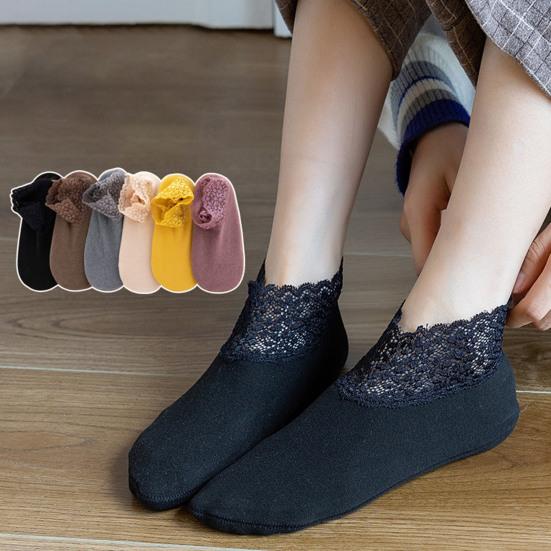 1 Pair Ankle Socks Super Soft Lace Trim Non-Slip Highly Elastic Friendly to Skin Keep Warm Solid Color Stretchy Thicken