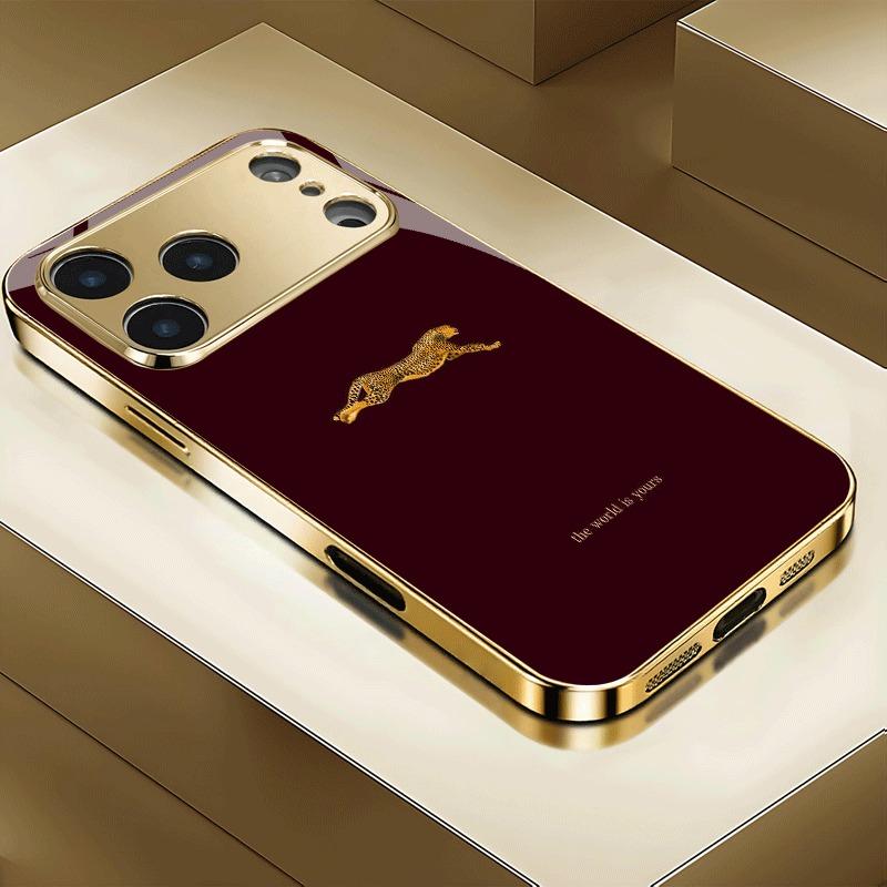 

Чехол для телефона из стекла с золотым леопардовым узором и золотой металлической краской для iPhone 17 16 15 14 13 12 11 Pro Max 15 Plus 17 Air 16E iPhone 14 Pro